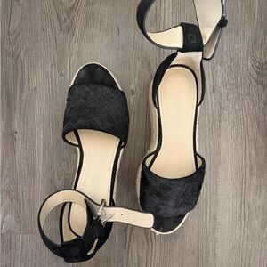 Marc Fisher Black Woven Suede Wedge Sandals with Ankle Strap
